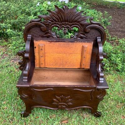 Stunning, antique, dark mahogany, ornate, tropical West Indies style bench with storage