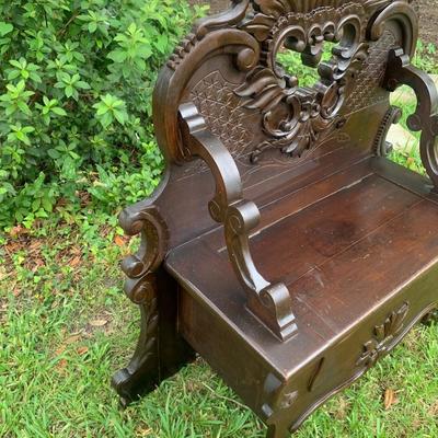 Stunning, antique, dark mahogany, ornate, tropical West Indies style bench with storage