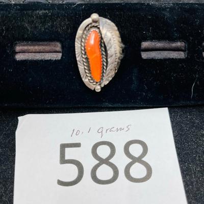Coral Native American Ring with Feather design