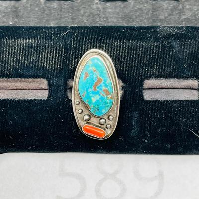 Awesome Large Face Turquoise & Coral Ring
