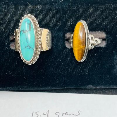 Lot of 2 Rings Tiger's Eye & Turquoise Sterling