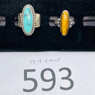 Lot of 2 Rings Tiger's Eye & Turquoise Sterling