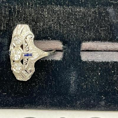 Awesome Filigree Edwardian Art Deco Ladies Ring 3 Diamonds & Sapphires