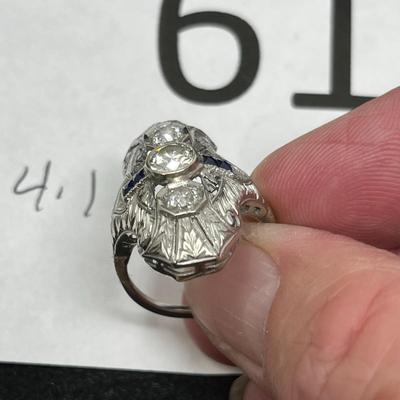 Awesome Filigree Edwardian Art Deco Ladies Ring 3 Diamonds & Sapphires