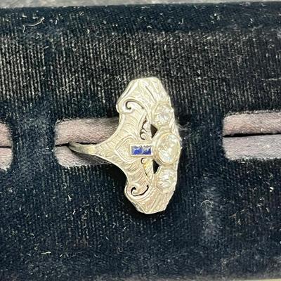 Awesome Filigree Edwardian Art Deco Ladies Ring 3 Diamonds & Sapphires