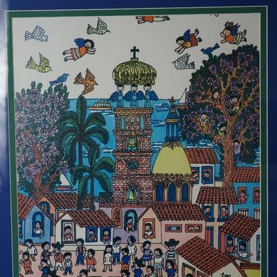 MEXICAN COLORFUL CARTOON STYLE POSTER FRAMED- CHILDREN PLAYING IN VILLAGE/ BELL TOWER