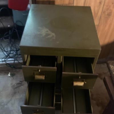 Vintage 4 card + 1 file drawer cabinet on it own stand.