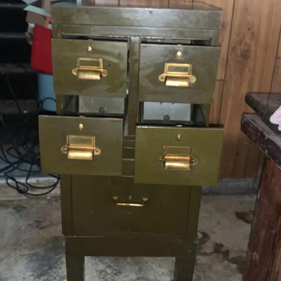 Vintage 4 card + 1 file drawer cabinet on it own stand.