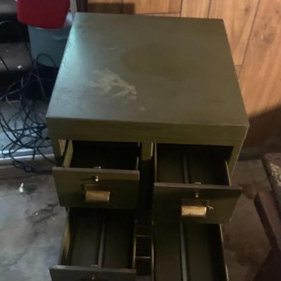 Vintage 4 card + 1 file drawer cabinet on it own stand.