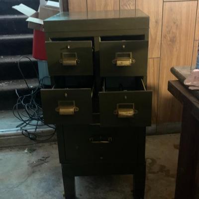 Vintage 4 card + 1 file drawer cabinet on it own stand.