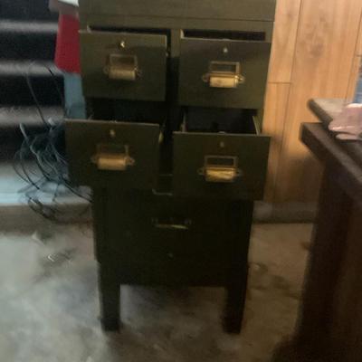 Vintage 4 card + 1 file drawer cabinet on it own stand.