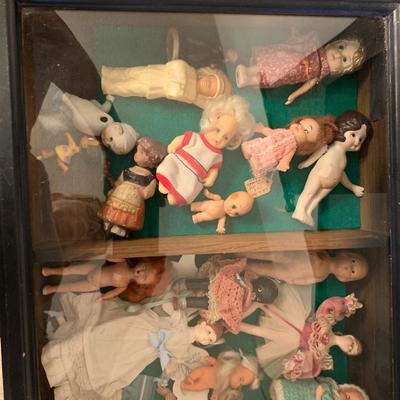 Vintage misc. small dolls and display case