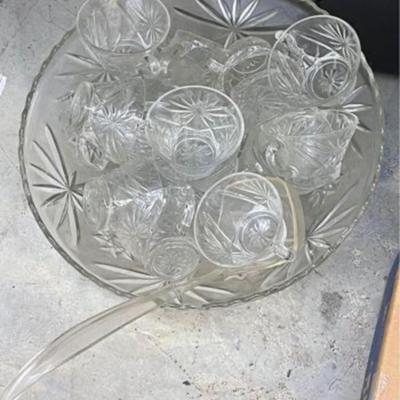 Vintage punch bowl with glasses, spoon and pedestal