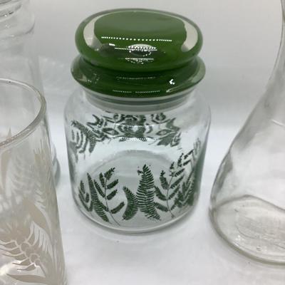 Vintage canisters, glasses, oil/vinegar