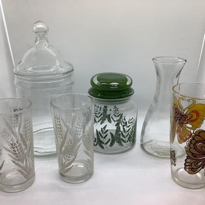 Vintage canisters, glasses, oil/vinegar