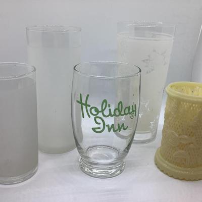 Vintage Holiday Inn glass & plastic cocktail forks with holder, frosted glasses