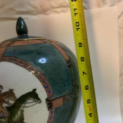 Equestrian Chinese Porcelain Ginger Jar or Vase With Wood Stand - 12â€ high x 8â€ wide approx