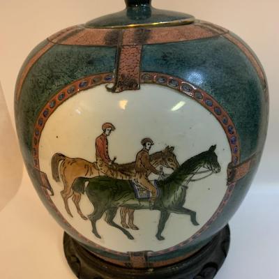 Equestrian Chinese Porcelain Ginger Jar or Vase With Wood Stand - 12â€ high x 8â€ wide approx