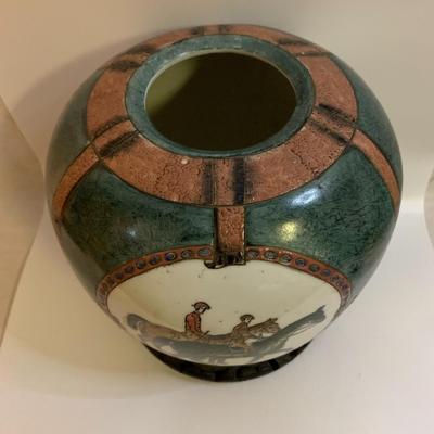 Equestrian Chinese Porcelain Ginger Jar or Vase With Wood Stand - 12â€ high x 8â€ wide approx
