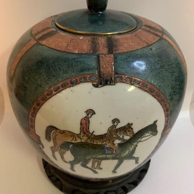 Equestrian Chinese Porcelain Ginger Jar or Vase With Wood Stand - 12â€ high x 8â€ wide approx