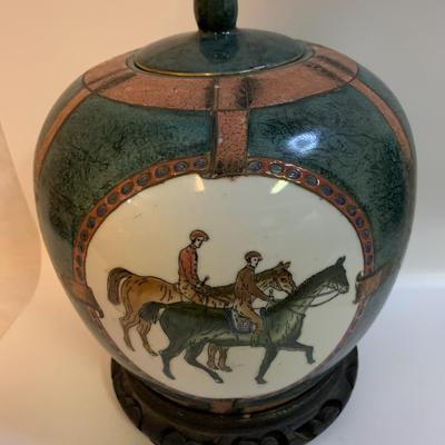 Equestrian Chinese Porcelain Ginger Jar or Vase With Wood Stand - 12â€ high x 8â€ wide approx