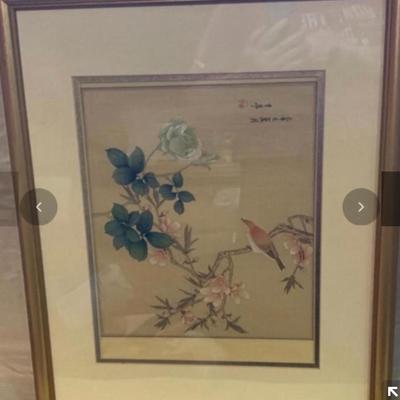 2 Framed Asian Art - Bird, Flowers Leaves & Asian Garden Art 18â€ wide x 22.5â€ high
