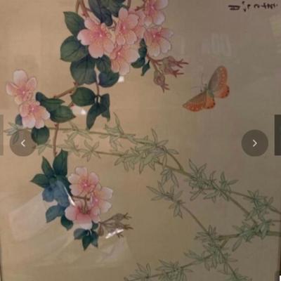 2 Framed Asian Art - Bird, Flowers Leaves & Asian Garden Art 18â€ wide x 22.5â€ high