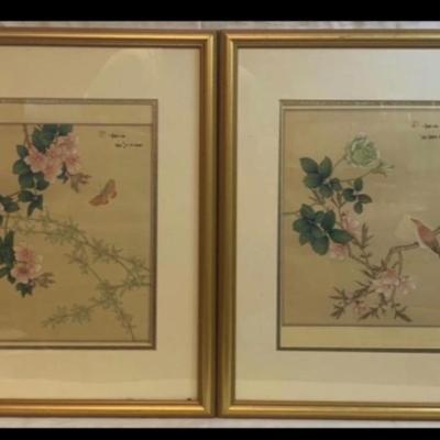 2 Framed Asian Art - Bird, Flowers Leaves & Asian Garden Art 18â€ wide x 22.5â€ high