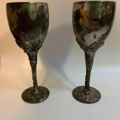 Vintage Pair of Godinger Goblets Drink Cup Silver Plated Grape Stem Motif - each 8â€ tall 3â€ wide approx