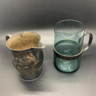 2 Small Pitchers - Vintage Paul Revere Reproduction & Green Glass EPNS Denmark - each 3.5â€ high x 3.5â€ wide approx