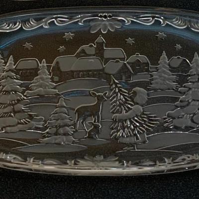 Vintage 1970s Mikasa Christmas Carol Crystal Canape Tray Frosted 15.5â€ long approx