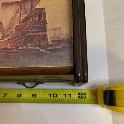 Vintage Nautical Sailboat Brown Wood Jewelry Box Organizer - 12â€ wide x 7â€ deep x 5â€ high approx