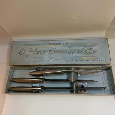 Vintage Walton Stainless Steel 3-Piece Carving Set Hollow Ground Hollow Handle w/ Box - 2 knives 13â€ & 14â€ approx with 12â€ fork...