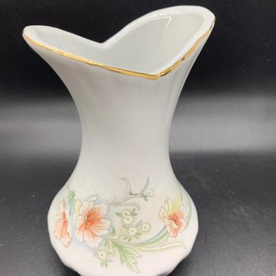 Vintage Flared & Fluted White Porcelain Vase With Lilies & Vintage Heart Shaped Porcelain Trinket Box White with Purple Flowers...