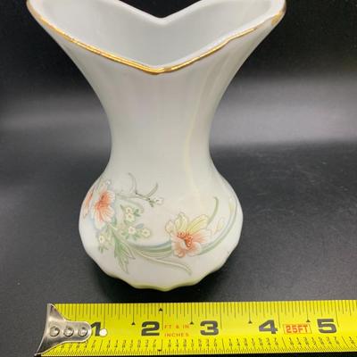 Vintage Flared & Fluted White Porcelain Vase With Lilies & Vintage Heart Shaped Porcelain Trinket Box White with Purple Flowers...