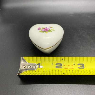 Vintage Flared & Fluted White Porcelain Vase With Lilies & Vintage Heart Shaped Porcelain Trinket Box White with Purple Flowers...