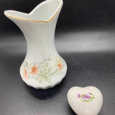 Vintage Flared & Fluted White Porcelain Vase With Lilies & Vintage Heart Shaped Porcelain Trinket Box White with Purple Flowers...