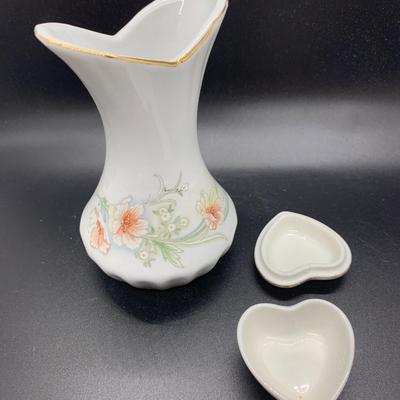 Vintage Flared & Fluted White Porcelain Vase With Lilies & Vintage Heart Shaped Porcelain Trinket Box White with Purple Flowers...