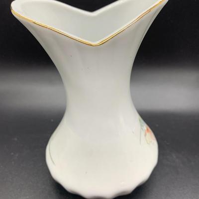 Vintage Flared & Fluted White Porcelain Vase With Lilies & Vintage Heart Shaped Porcelain Trinket Box White with Purple Flowers...