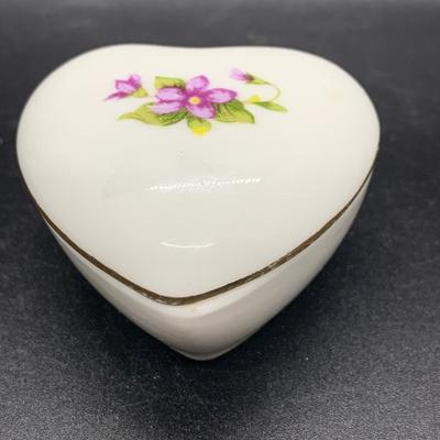Vintage Flared & Fluted White Porcelain Vase With Lilies & Vintage Heart Shaped Porcelain Trinket Box White with Purple Flowers...
