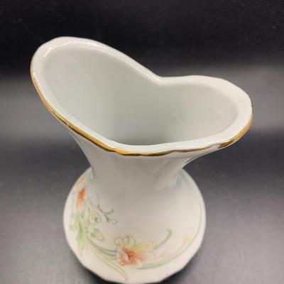Vintage Flared & Fluted White Porcelain Vase With Lilies & Vintage Heart Shaped Porcelain Trinket Box White with Purple Flowers...