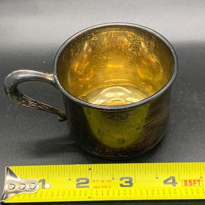 2 Silver Plated Baby Cups and 1 lid - cups 4â€ wide x 2â€ high approx & lid 3.5â€ wide approx