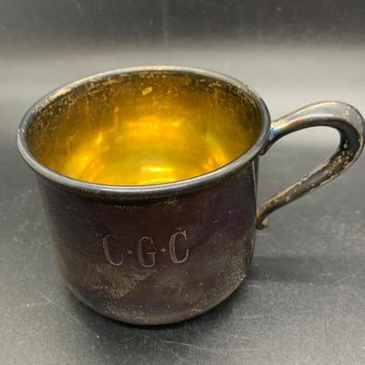 2 Silver Plated Baby Cups and 1 lid - cups 4â€ wide x 2â€ high approx & lid 3.5â€ wide approx