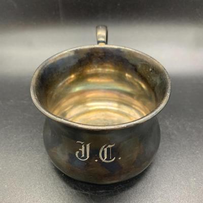 2 Silver Plated Baby Cups and 1 lid - cups 4â€ wide x 2â€ high approx & lid 3.5â€ wide approx