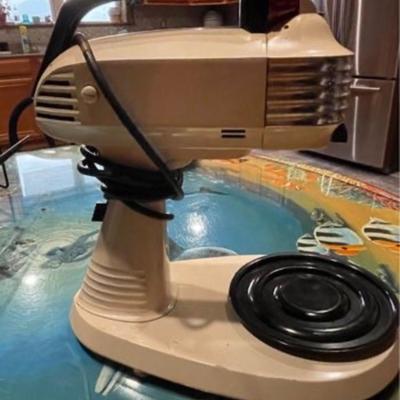 Vintage 50â€™s General Mills Betty Crocker standing mixer with milk glass bowls