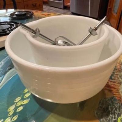 Vintage 50â€™s General Mills Betty Crocker standing mixer with milk glass bowls