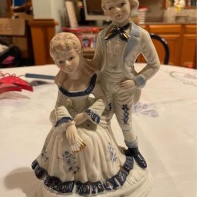 Victorian Style Blue White China Porcelain Figurines Statue 60s Japan