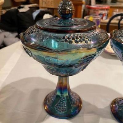 Two Vintage Indiana Harvest Grape Carnival Glass Iridescent Blue Covered Compote Candy Dish