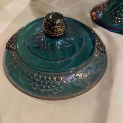 Two Vintage Indiana Harvest Grape Carnival Glass Iridescent Blue Covered Compote Candy Dish