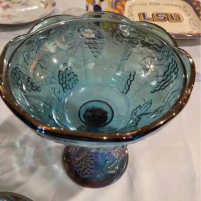 Two Vintage Indiana Harvest Grape Carnival Glass Iridescent Blue Covered Compote Candy Dish